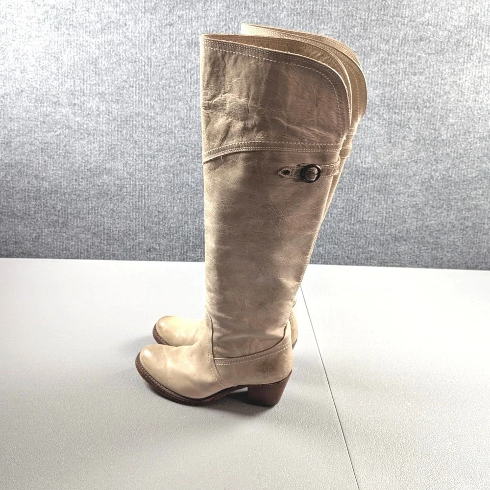 Frye Jane Tall Cuff Boots 6 Cream Taupe Leather OTK Riding Western Over the Knee
